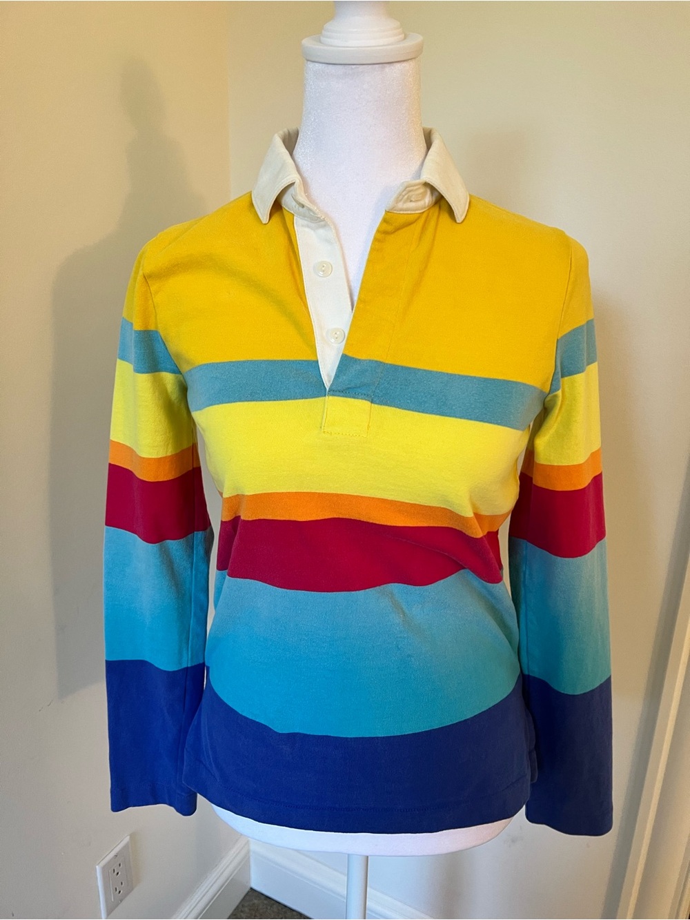 J. Crew Striped Long-Sleeve Polo in Yellow, Blue & Red